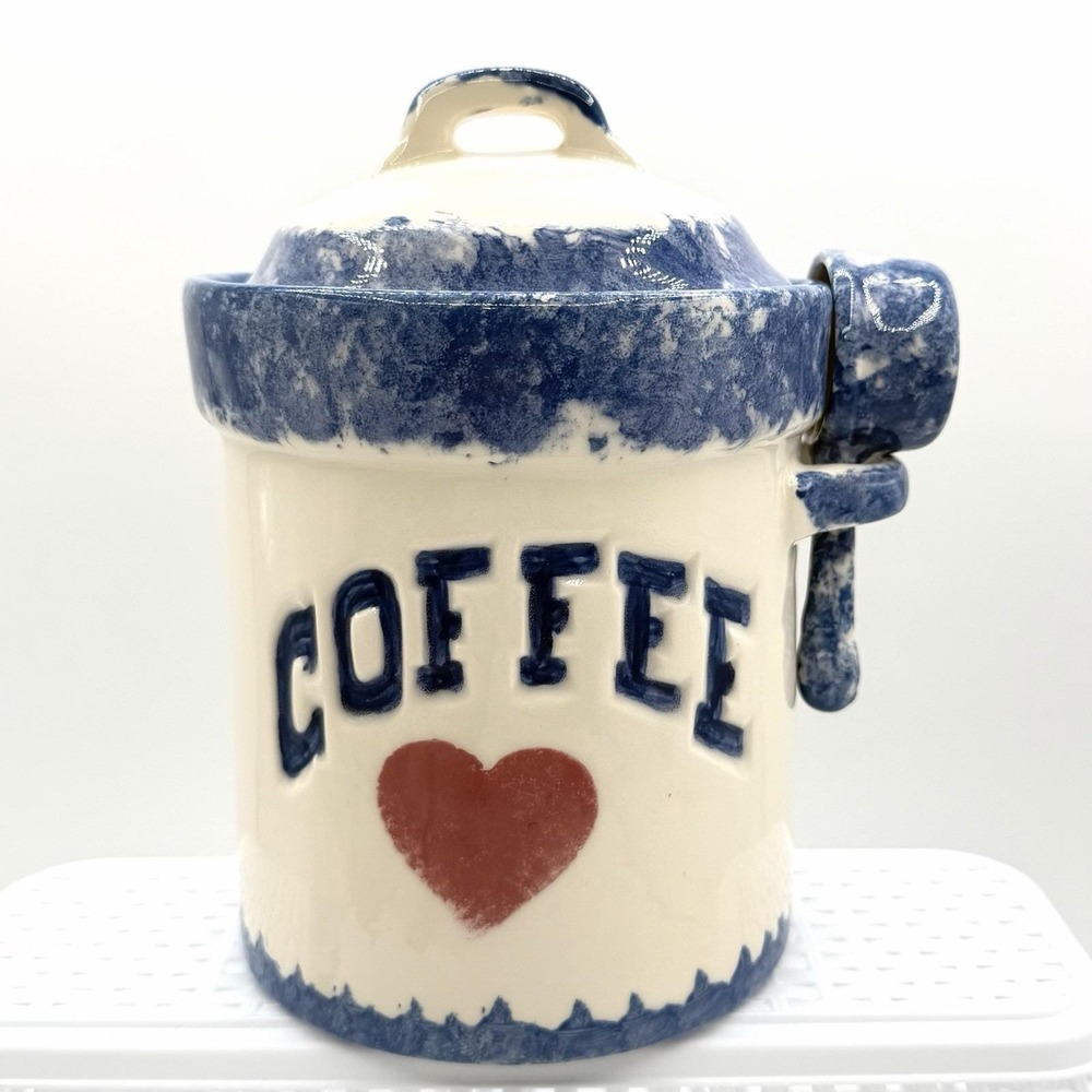 Vintage Blue Spongeware Heart Ceramic Kitchen Canister Farmhouse Cottage Core